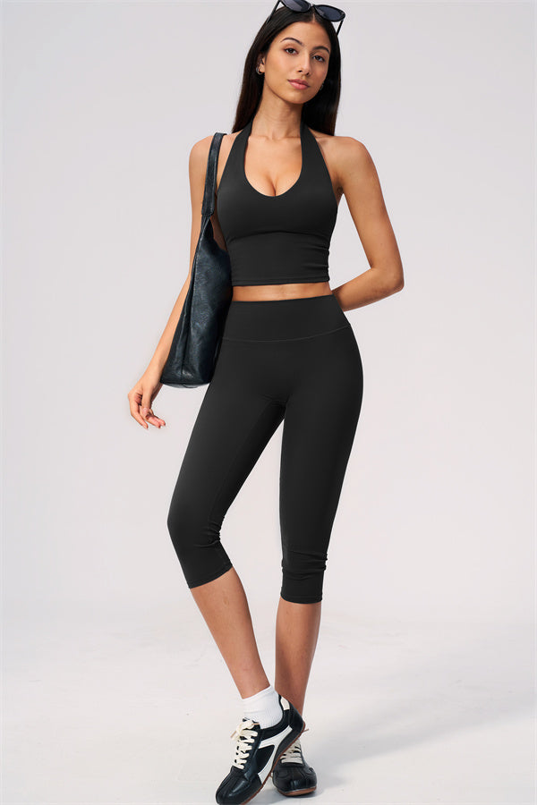 The Twirl Wide Strap Halter Crop Top Capri Leggings 2-Piece Set
