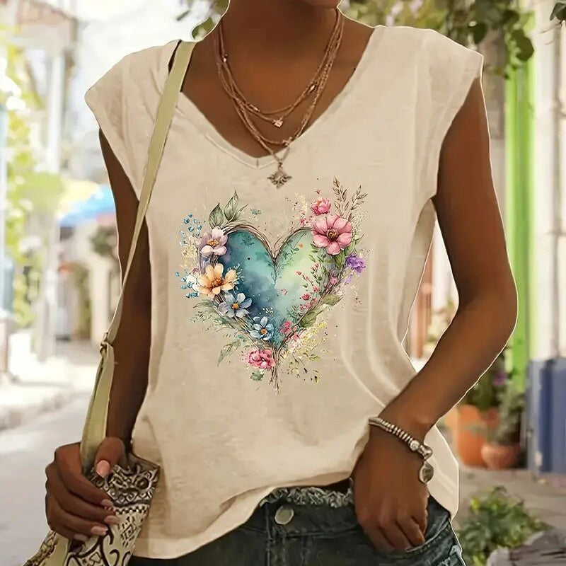 Short Sleeve T-Shirt Floral Heart Print Summer Casual Top