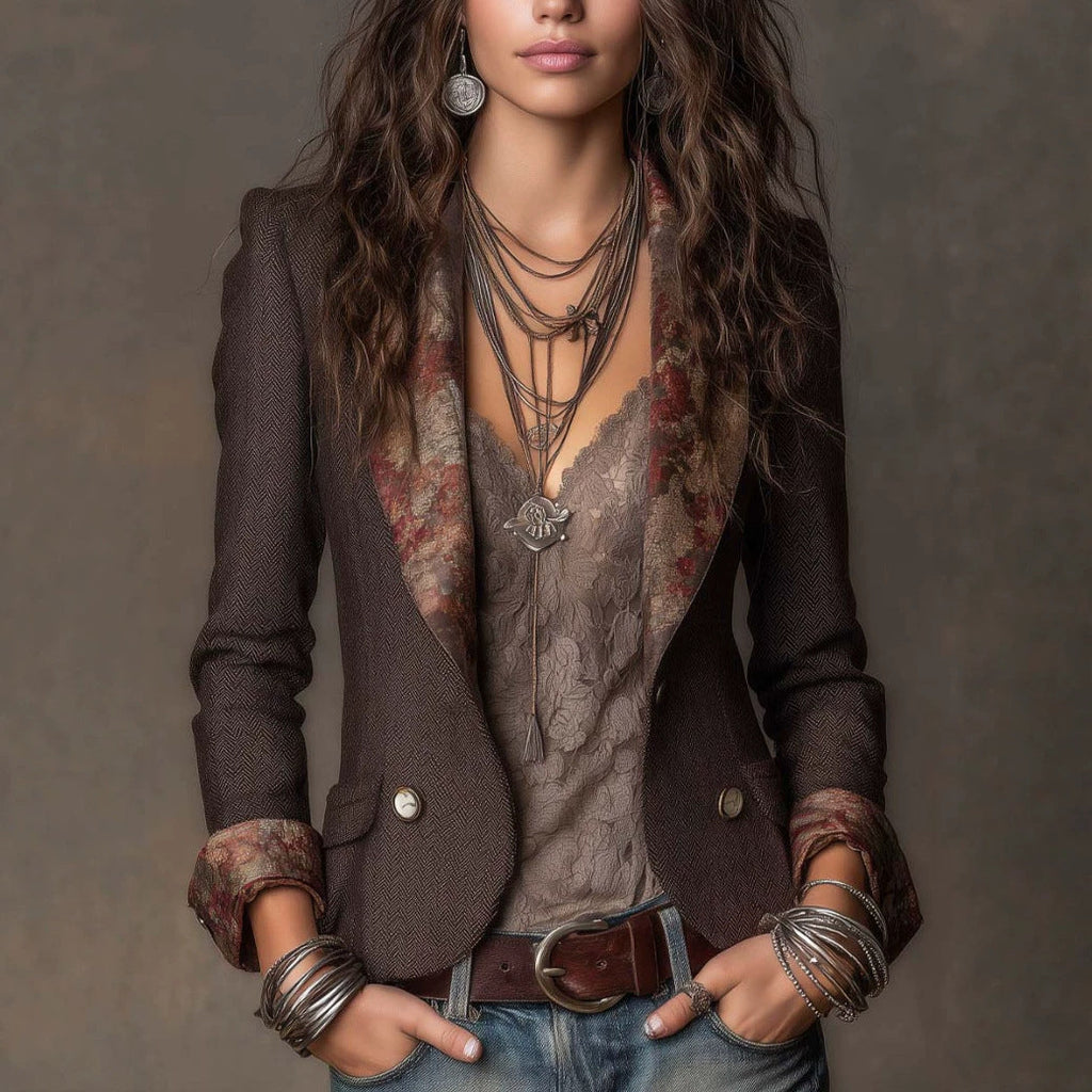 Women's Floral-Print Notched-Collar Blazer with Turn-Up Cuffs