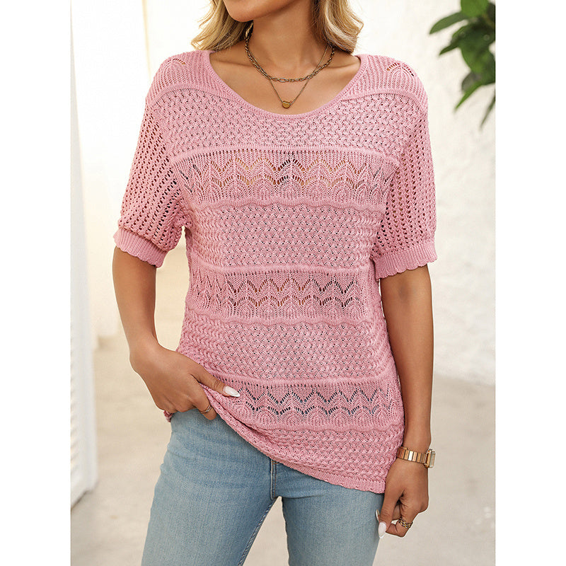 Women’s Short Sleeve Crochet Knit Hollow-Out Top