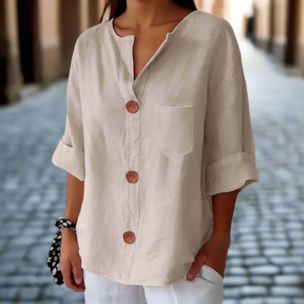 Women’s Loose V Neck T Shirt – Cotton Linen Button Top