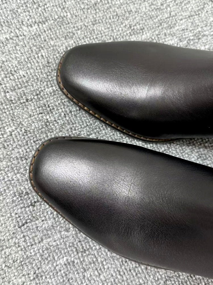 Women’s Retro Square-Toe Mid-Heel Chunky Leather Boots