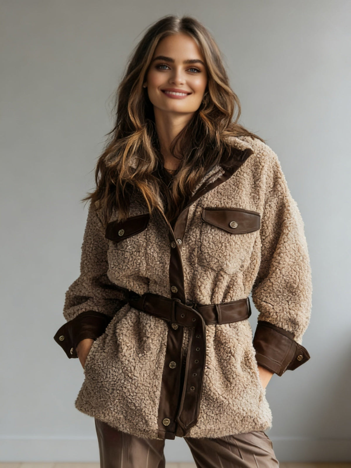 Women’s Vintage PU Leather Jacket – Lamb Fur Lined Autumn Winter Coat