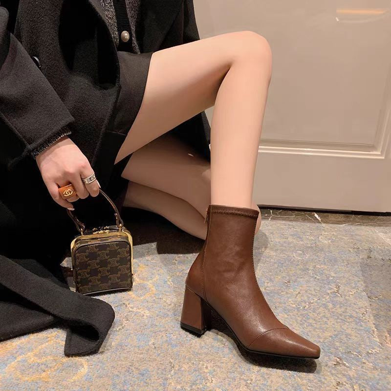 Soft Leather Zip-Back Velvet-Lined Skinny Boots — Sleek Heels