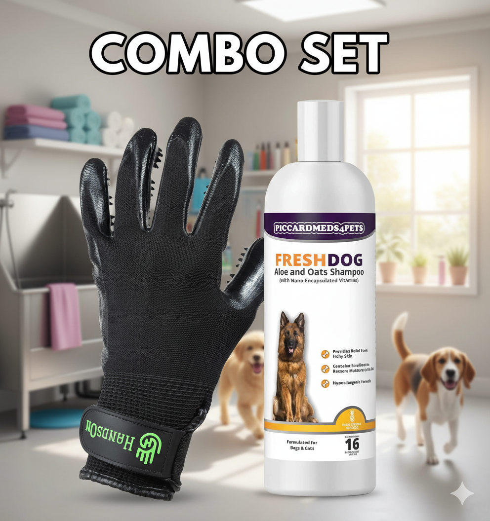 Piccardmeds4pets Aloe Oats Dog Shampoo 16oz + HandsOn Grooming Gloves Small Complete Kit