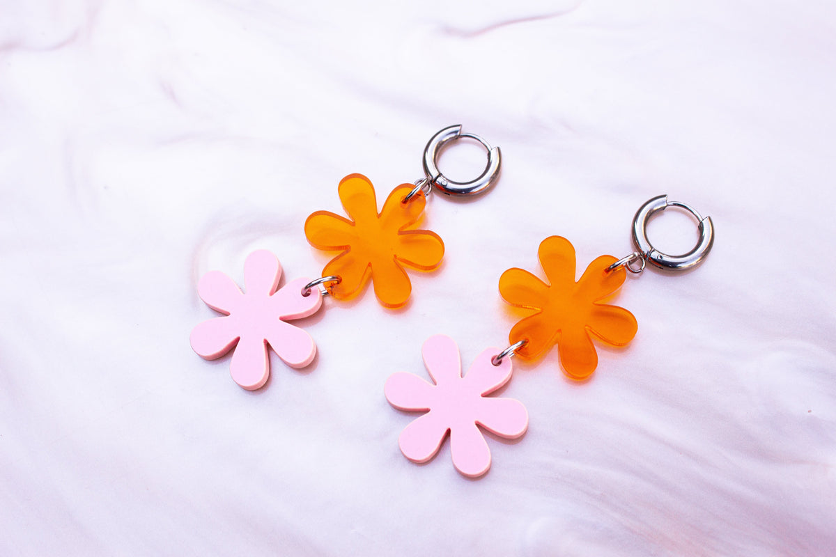 Pink/Orange Retro Flower Earrings