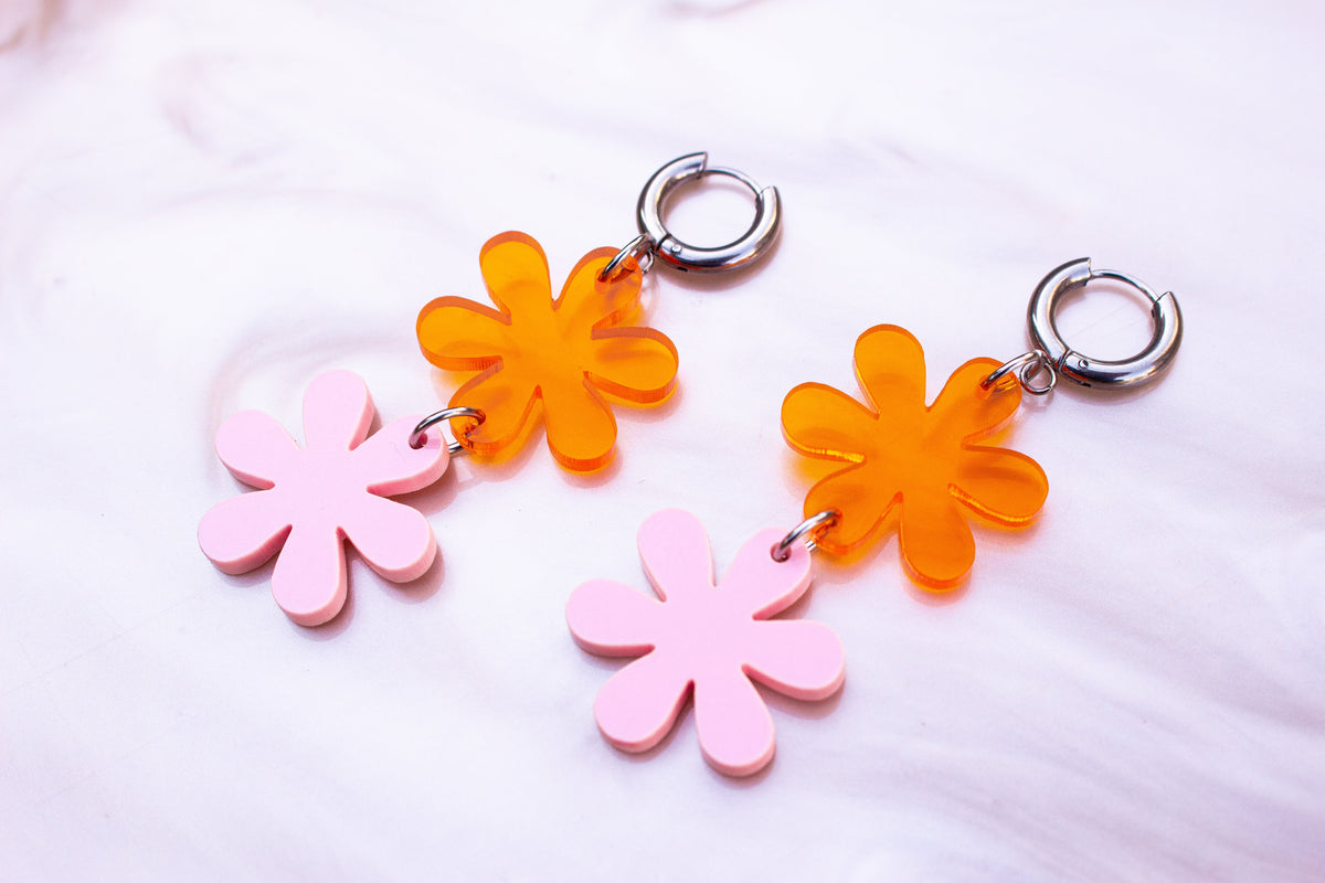 Pink/Orange Retro Flower Earrings