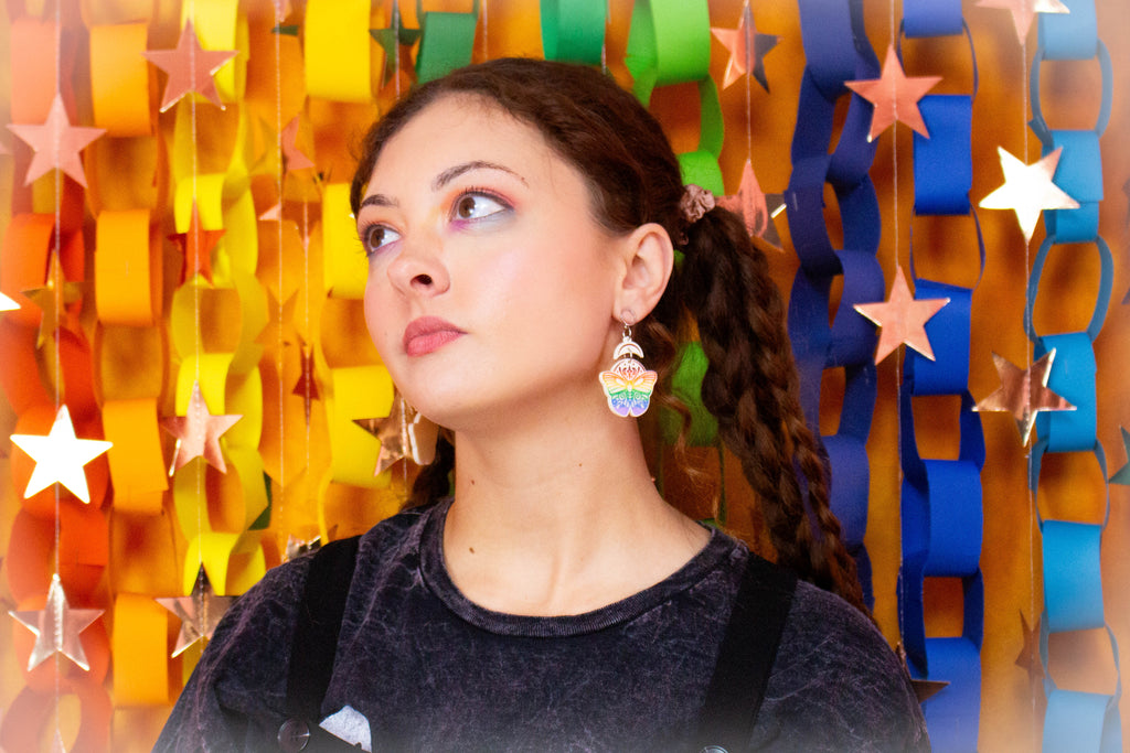 Moth Rainbow Pride Statement Dangle Earrings