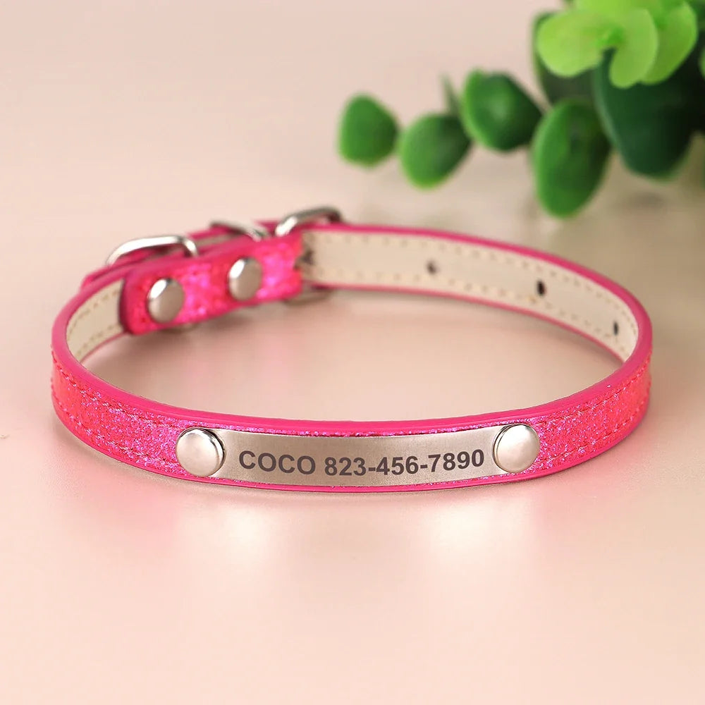 Personalized Cat Collar Custom Leather Cat Collars Free Engraved Puppy Kitten ID Necklace Bling Pet Collars for Small Dogs Cats