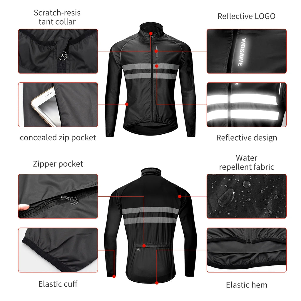 WOSAWE Men Cycling Windbreaker MTB Bicycle Long Sleeve Coat Water Resistant Outdoor Sport Jersey Bike Jacket Cycling Clothing
