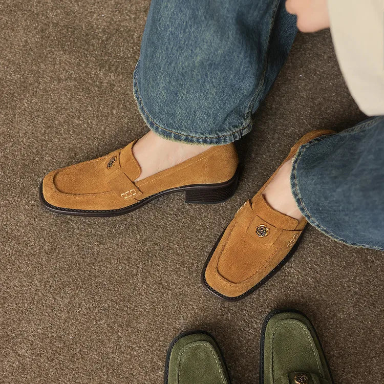 New Spring/Autumn Cow Suede Women Shoes Fashion Retro Square Toe Shoes for Women Mid Heels Women Pumps Handmade Green Loafers