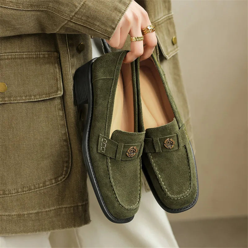 New Spring/Autumn Cow Suede Women Shoes Fashion Retro Square Toe Shoes for Women Mid Heels Women Pumps Handmade Green Loafers