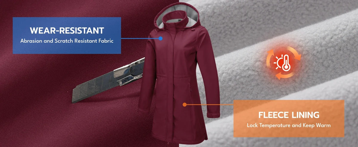TACVASEN Women's Long Hooded Jacket Fleece Lined Softshell Jacket Waterproof Windproof Hiking Jacket Rain Coat Windbreaker Parka