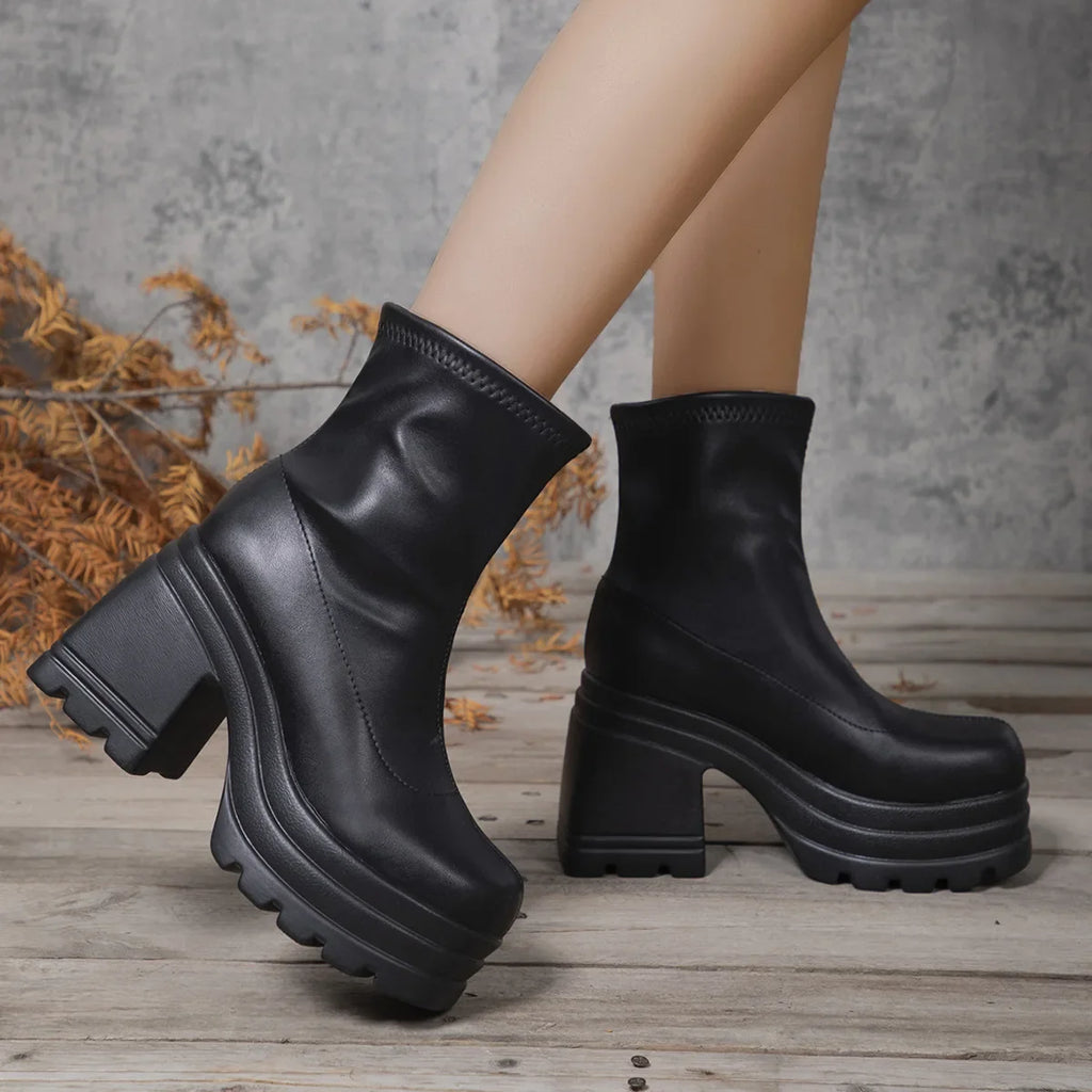 Women New Fashion Short Boots Women Sexy Leather Boot Square toe casual Zipper high heels Casual thick soled women shoes Zapatos