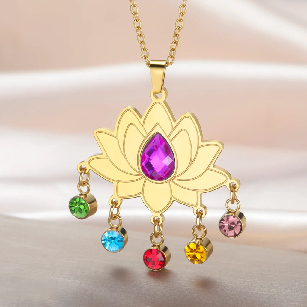 Gold Plated 7 Chakra Lotus Flower Necklace with Om Symbol Spiritual Yoga Jewelry Seven Colorful Zircon Lotus Flower Necklace