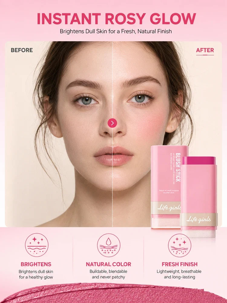 3-in-1 Cream Blush Stick Cheeks Lips Eyes, Long Lasting Waterproof Blendable Dewy Glow Makeup Stick for All Skin Tones