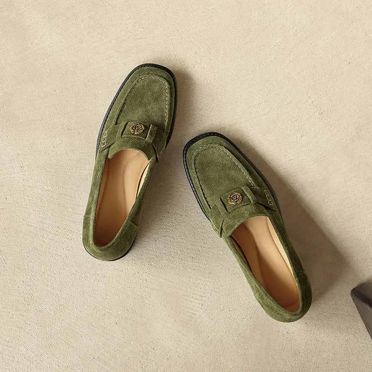 New Spring/Autumn Cow Suede Women Shoes Fashion Retro Square Toe Shoes for Women Mid Heels Women Pumps Handmade Green Loafers