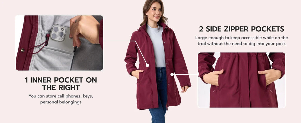 TACVASEN Women's Long Hooded Jacket Fleece Lined Softshell Jacket Waterproof Windproof Hiking Jacket Rain Coat Windbreaker Parka