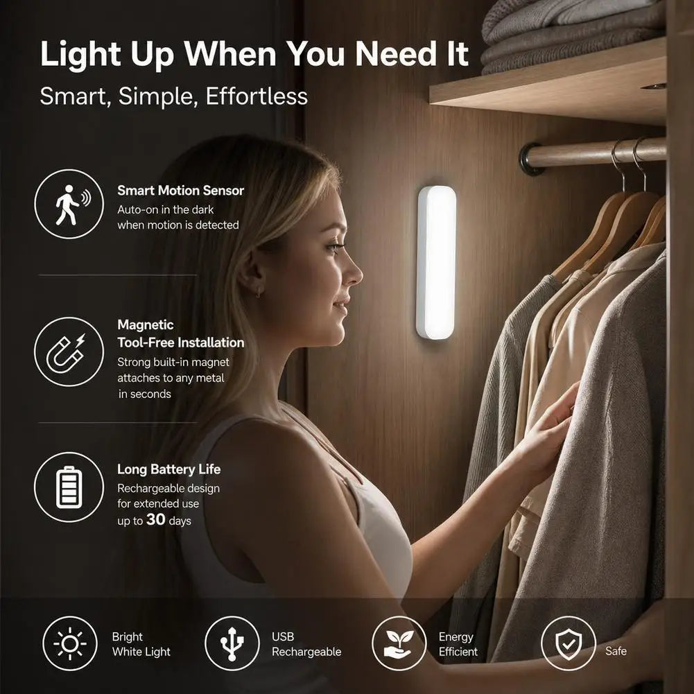 LED Motion Sensor Night Light USB Rechargeable Magnetic Under Cabinet Lighting Wireless Closet Lamp For Kitchen Wardrobe