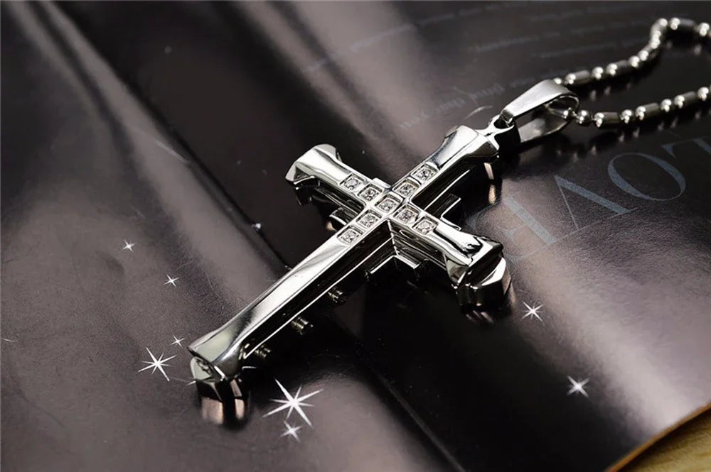 2024 New Male Crystal Cross Jesus Pendant Gold/Black/Blue Color Zirconia Cross Pendant Necklace Stainless Steel Jewelry
