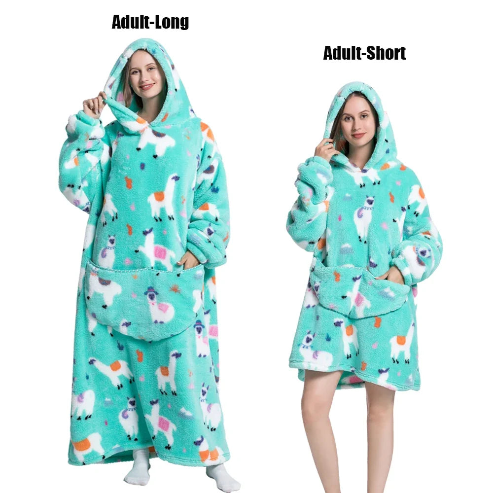 Women Plush Fleece Blanket Men Warm Thick Hoodies Adult Giant TV Blanlets with Sleeves Super Long Cold-proof Homewear Pajamas