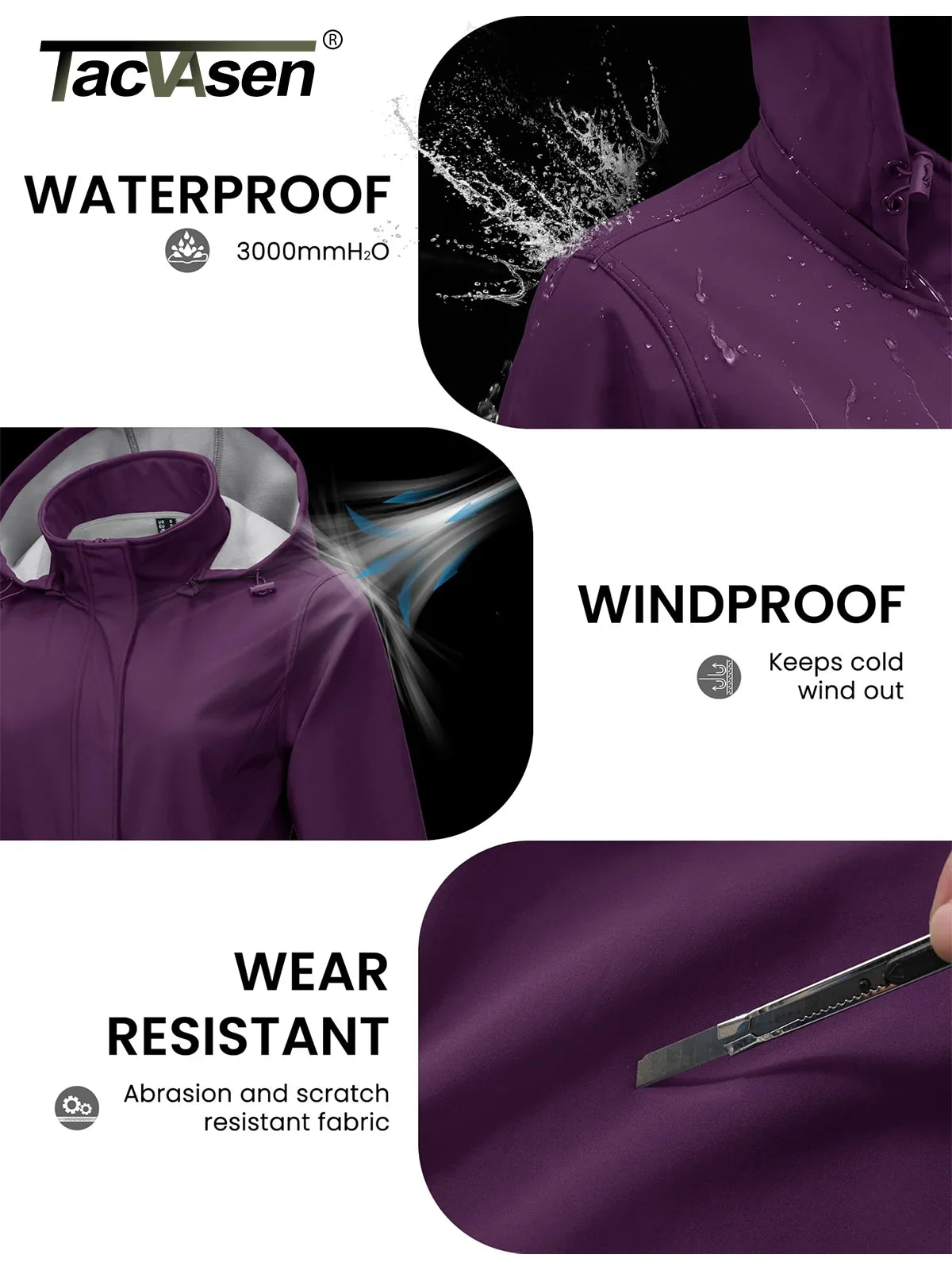 TACVASEN Women's Long Hooded Jacket Fleece Lined Softshell Jacket Waterproof Windproof Hiking Jacket Rain Coat Windbreaker Parka