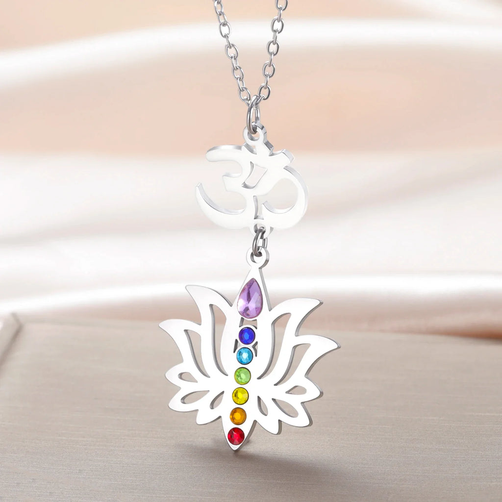 Gold Plated 7 Chakra Lotus Flower Necklace with Om Symbol Spiritual Yoga Jewelry Seven Colorful Zircon Lotus Flower Necklace