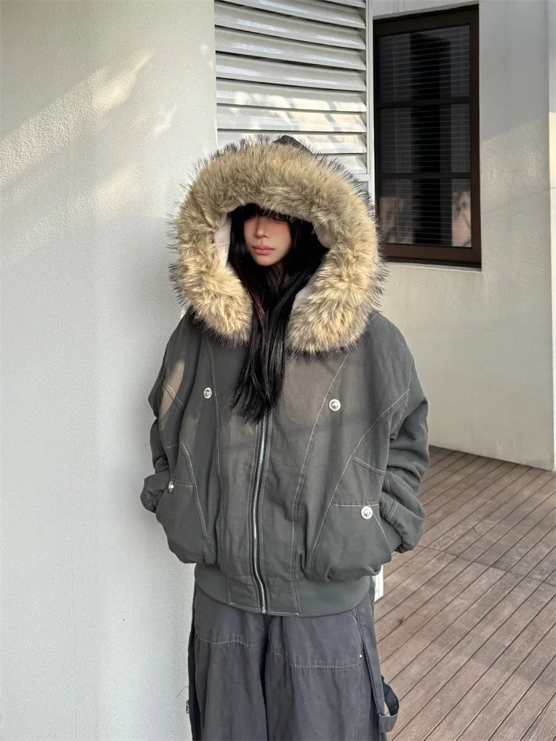 ZAROY Fur Collar Hooded Parkas Y2k Harajuku Thicken Padded Jackets Casual Zipper Gothic Women&Men Winter Coats Streetwear кур