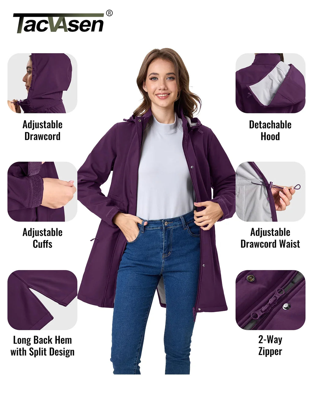 TACVASEN Women's Long Hooded Jacket Fleece Lined Softshell Jacket Waterproof Windproof Hiking Jacket Rain Coat Windbreaker Parka