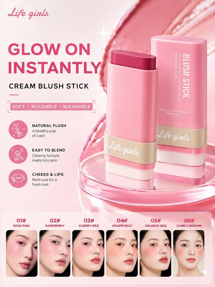 3-in-1 Cream Blush Stick Cheeks Lips Eyes, Long Lasting Waterproof Blendable Dewy Glow Makeup Stick for All Skin Tones