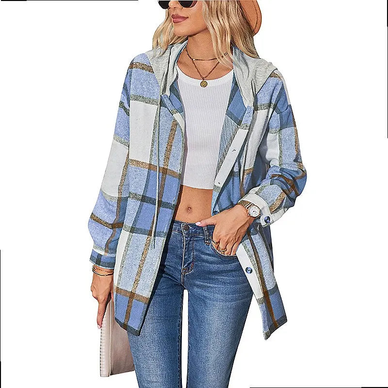 Women Hooded Plaid Wool Coat Blouse Top Spring Summer Fashion Outerwear