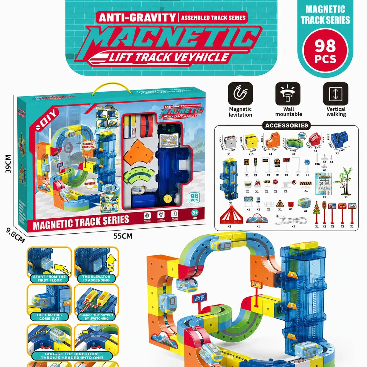 Lifting Style Magnetic Track Car Anti-Gravity Toy Assembly Lift Elevator DIY New Suspension Rail Train Educational Toys For Kids
