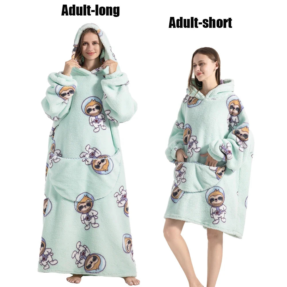 Women Plush Fleece Blanket Men Warm Thick Hoodies Adult Giant TV Blanlets with Sleeves Super Long Cold-proof Homewear Pajamas