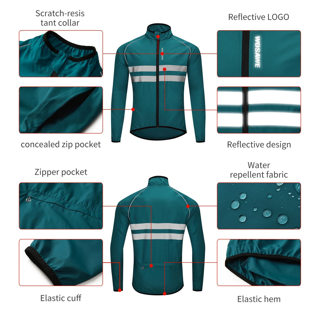 WOSAWE Men Cycling Windbreaker MTB Bicycle Long Sleeve Coat Water Resistant Outdoor Sport Jersey Bike Jacket Cycling Clothing