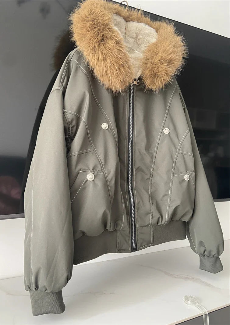 ZAROY Fur Collar Hooded Parkas Y2k Harajuku Thicken Padded Jackets Casual Zipper Gothic Women&Men Winter Coats Streetwear кур