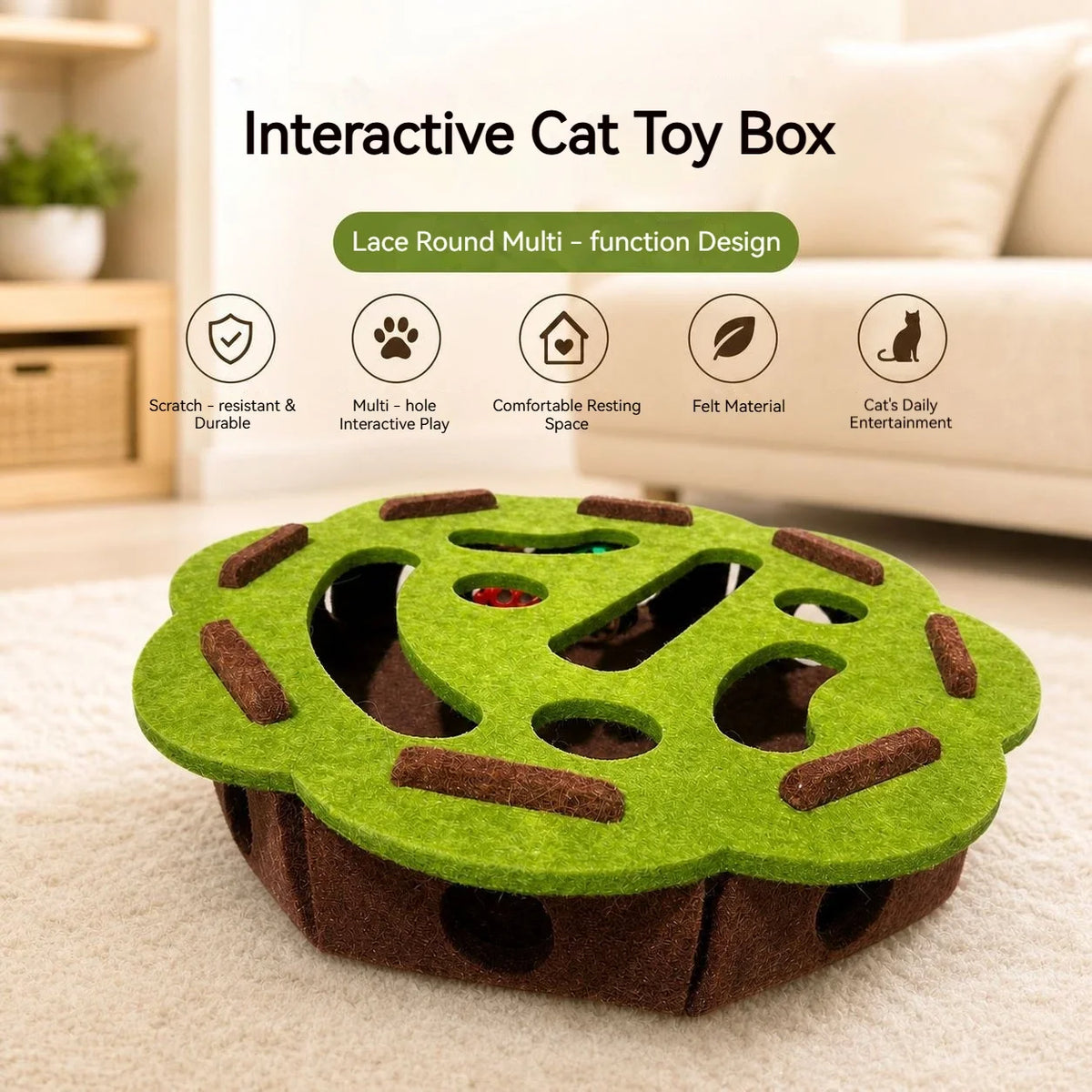 Interactive Cat Toy Felt Maze Box with Bell Ball Self Play Cat Teaser Box Stimulate Hunting Instinct Relieve Boredom Stress