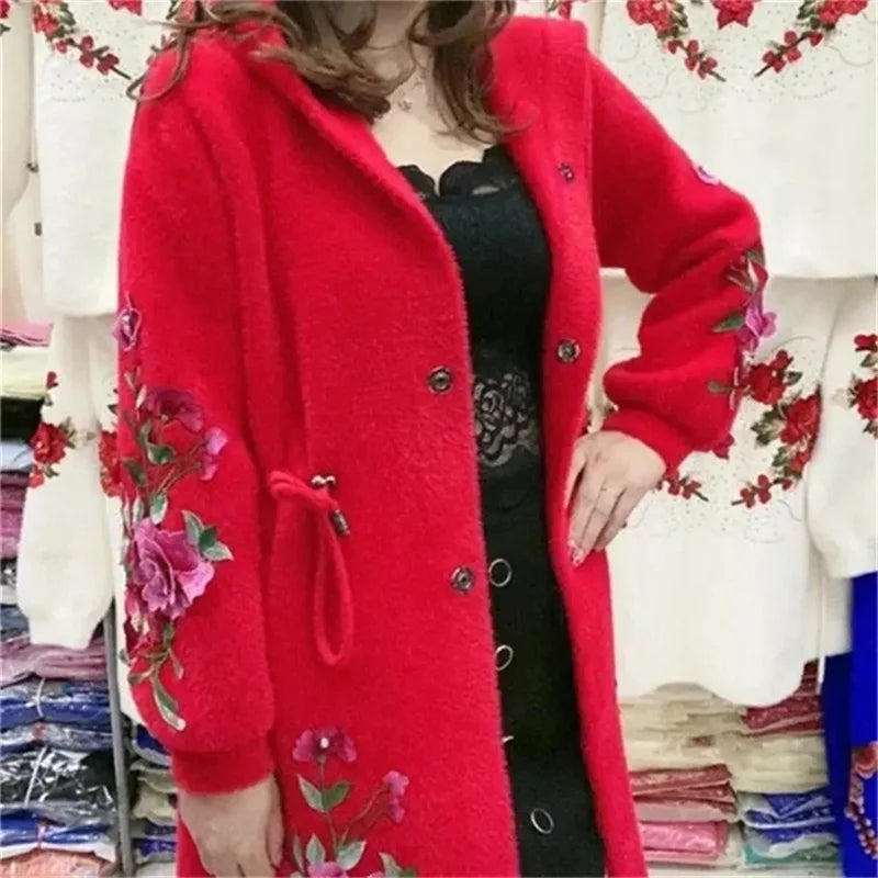 Autumn Winter New 2026 Women Imitation Mink Velvet Jacket Middle Aged Mother Hooded Loose Casual Warm Knitted  Cardigan Female