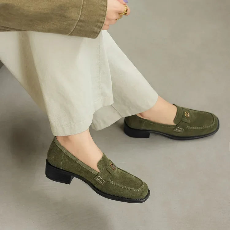 New Spring/Autumn Cow Suede Women Shoes Fashion Retro Square Toe Shoes for Women Mid Heels Women Pumps Handmade Green Loafers