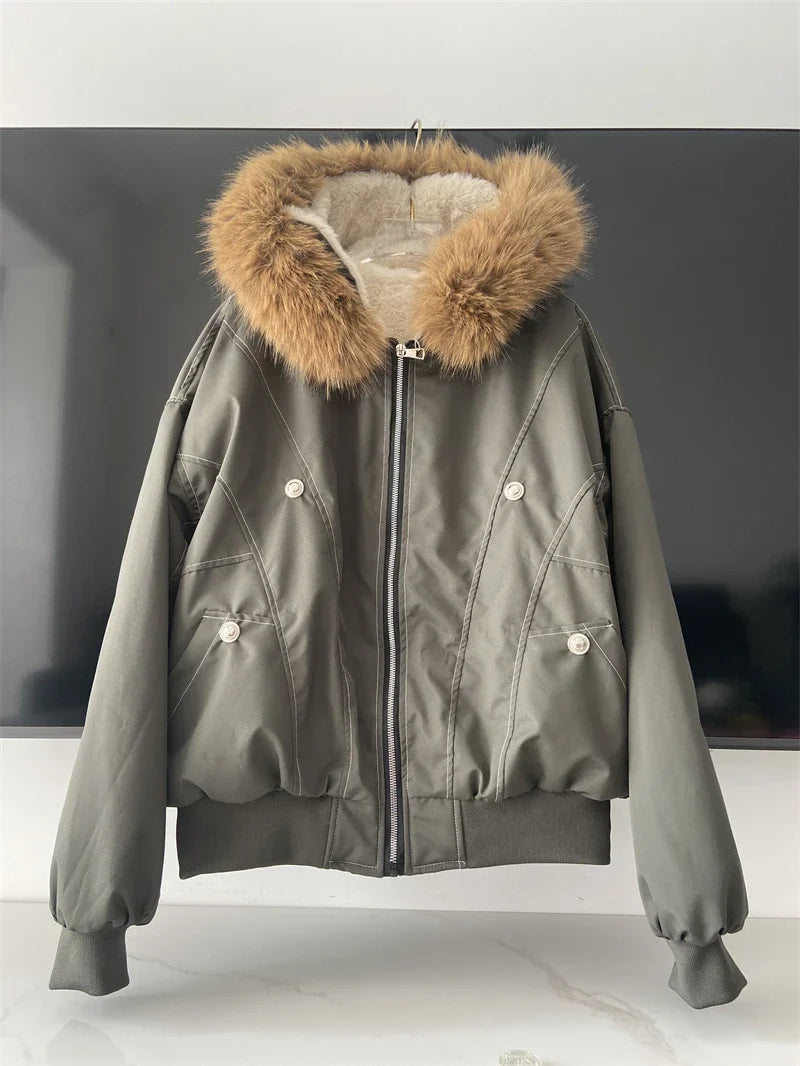 ZAROY Fur Collar Hooded Parkas Y2k Harajuku Thicken Padded Jackets Casual Zipper Gothic Women&Men Winter Coats Streetwear кур