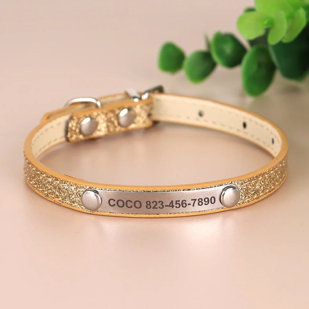 Personalized Cat Collar Custom Leather Cat Collars Free Engraved Puppy Kitten ID Necklace Bling Pet Collars for Small Dogs Cats