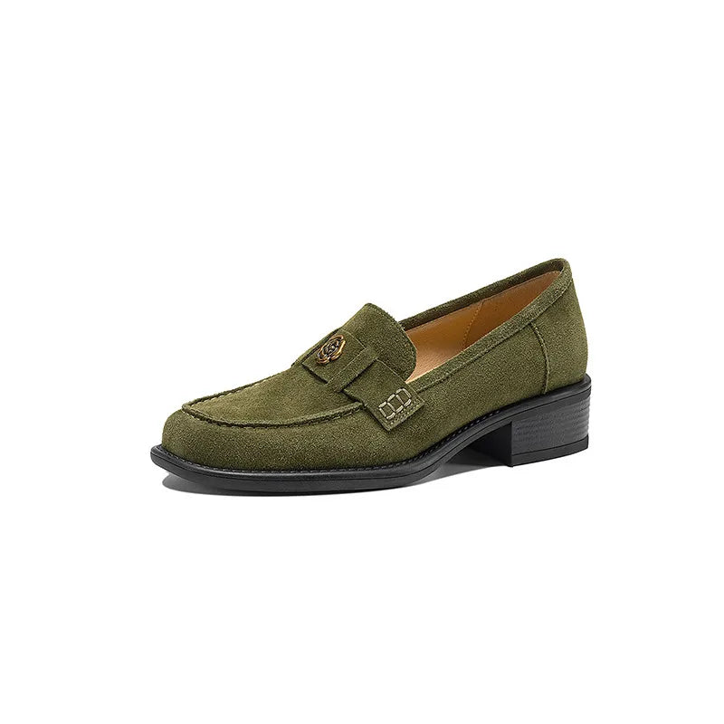 New Spring/Autumn Cow Suede Women Shoes Fashion Retro Square Toe Shoes for Women Mid Heels Women Pumps Handmade Green Loafers