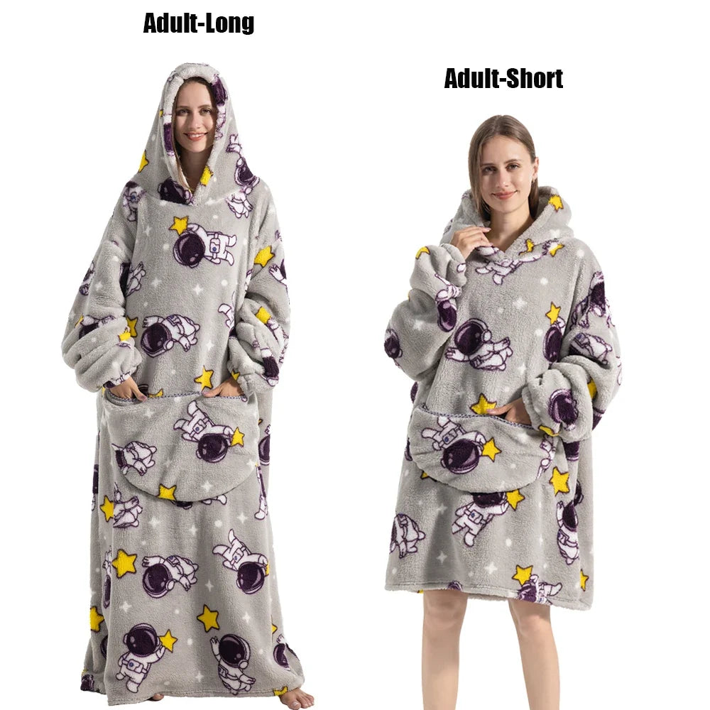 Women Plush Fleece Blanket Men Warm Thick Hoodies Adult Giant TV Blanlets with Sleeves Super Long Cold-proof Homewear Pajamas