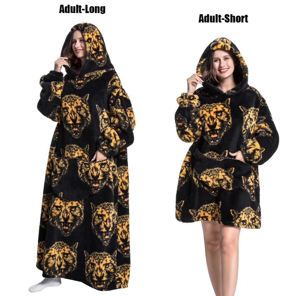 Women Plush Fleece Blanket Men Warm Thick Hoodies Adult Giant TV Blanlets with Sleeves Super Long Cold-proof Homewear Pajamas
