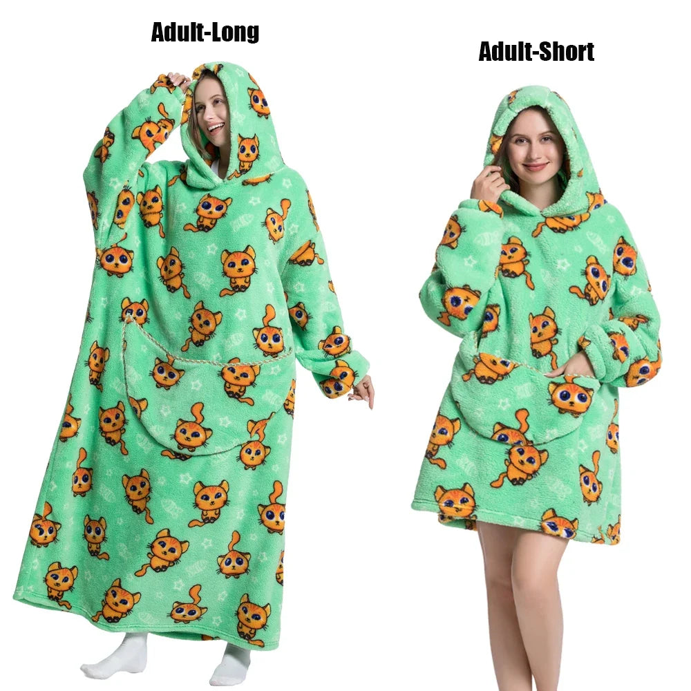 Women Plush Fleece Blanket Men Warm Thick Hoodies Adult Giant TV Blanlets with Sleeves Super Long Cold-proof Homewear Pajamas