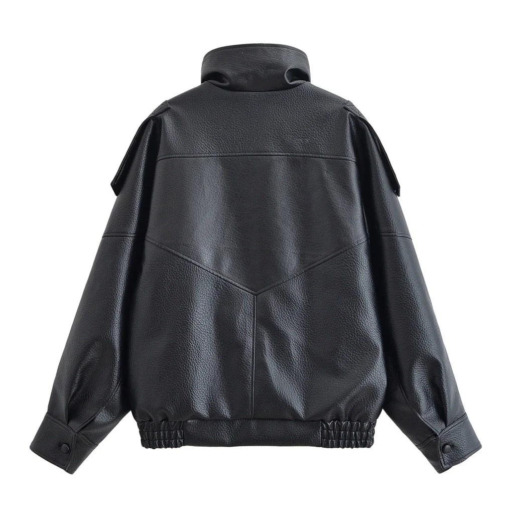 HH Autumn Faux Leather Jacket For Women Casual Solid Long Sleeve Zipper Pu Leather Coats New Fashion Female Streetwear