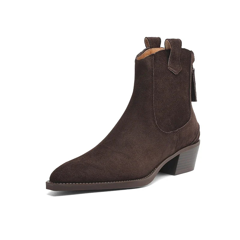 2025 Autumn Winter Trend Cow Suede Women Western Boots Black Brown Khaki Purple Green Burgundy Pointed Toe Ladies Ankle Boots
