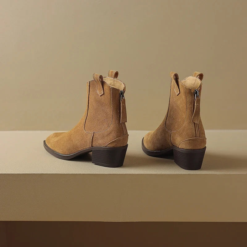 2025 Autumn Winter Trend Cow Suede Women Western Boots Black Brown Khaki Purple Green Burgundy Pointed Toe Ladies Ankle Boots