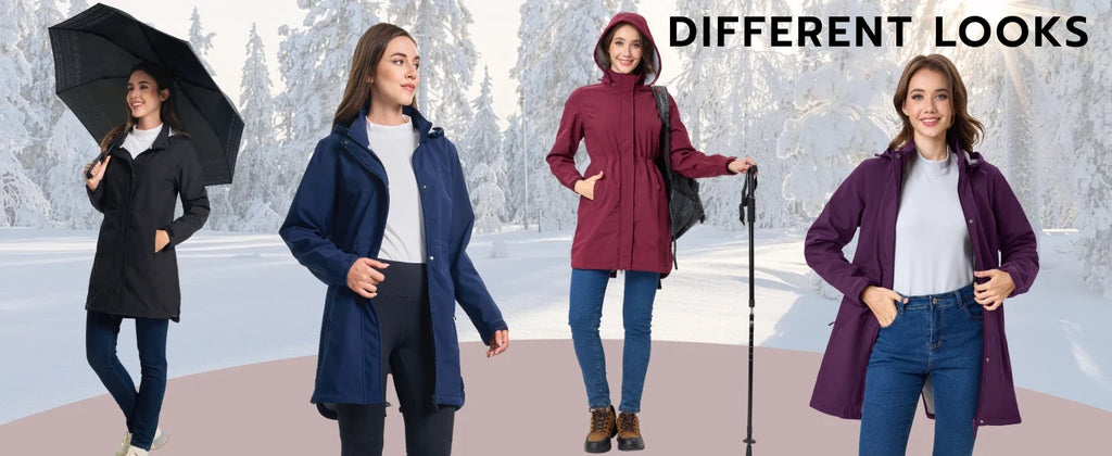 TACVASEN Women's Long Hooded Jacket Fleece Lined Softshell Jacket Waterproof Windproof Hiking Jacket Rain Coat Windbreaker Parka