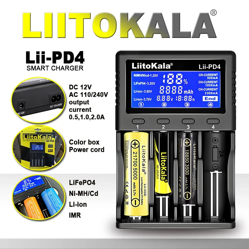 LiitoKala Lii-PD4/PD2 AC PD Charger LCD Fast Charging 4/2-Bay for 21700/18650/AA/AAA Multi-Protection Auto-Detect