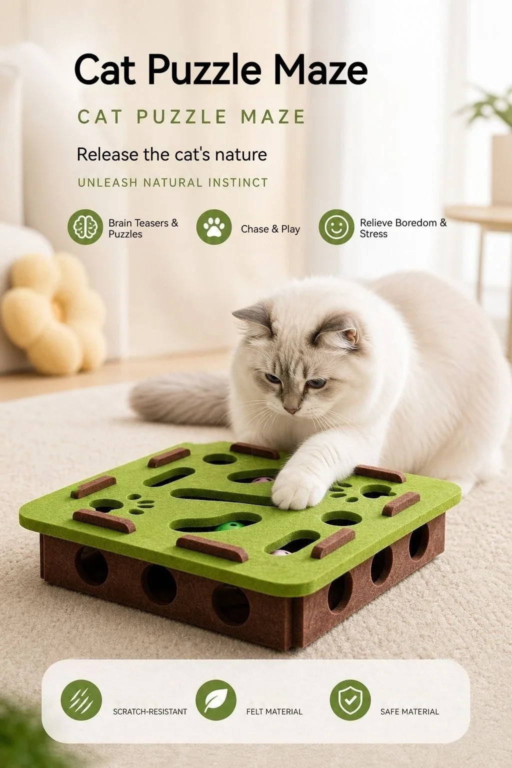Interactive Cat Toy Felt Maze Box with Bell Ball Self Play Cat Teaser Box Stimulate Hunting Instinct Relieve Boredom Stress